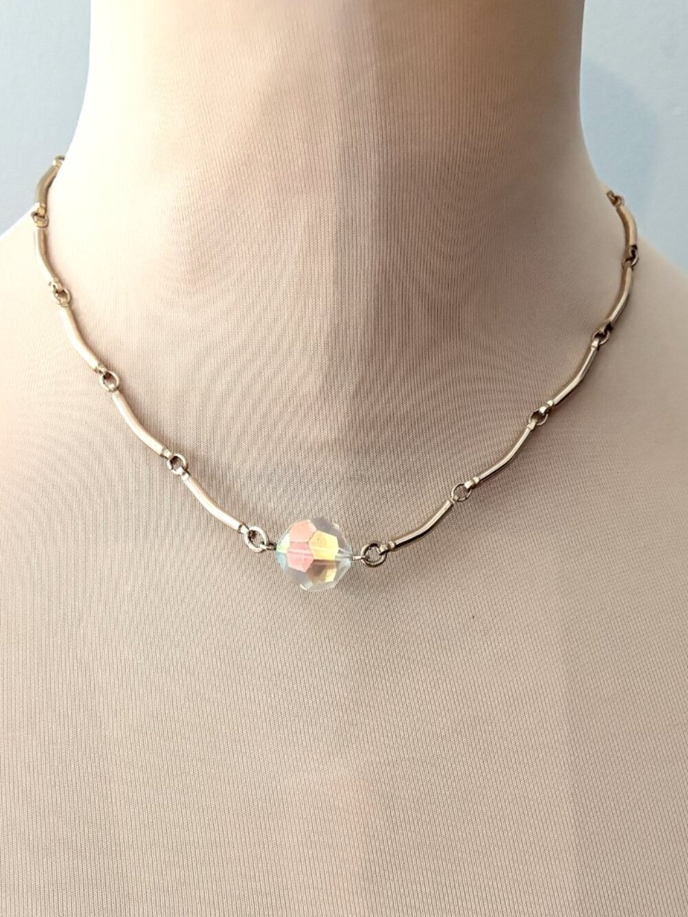 Vintage Sarah Coventry Gold-Tone Choker with Aurora Borealis Crystal Pendant